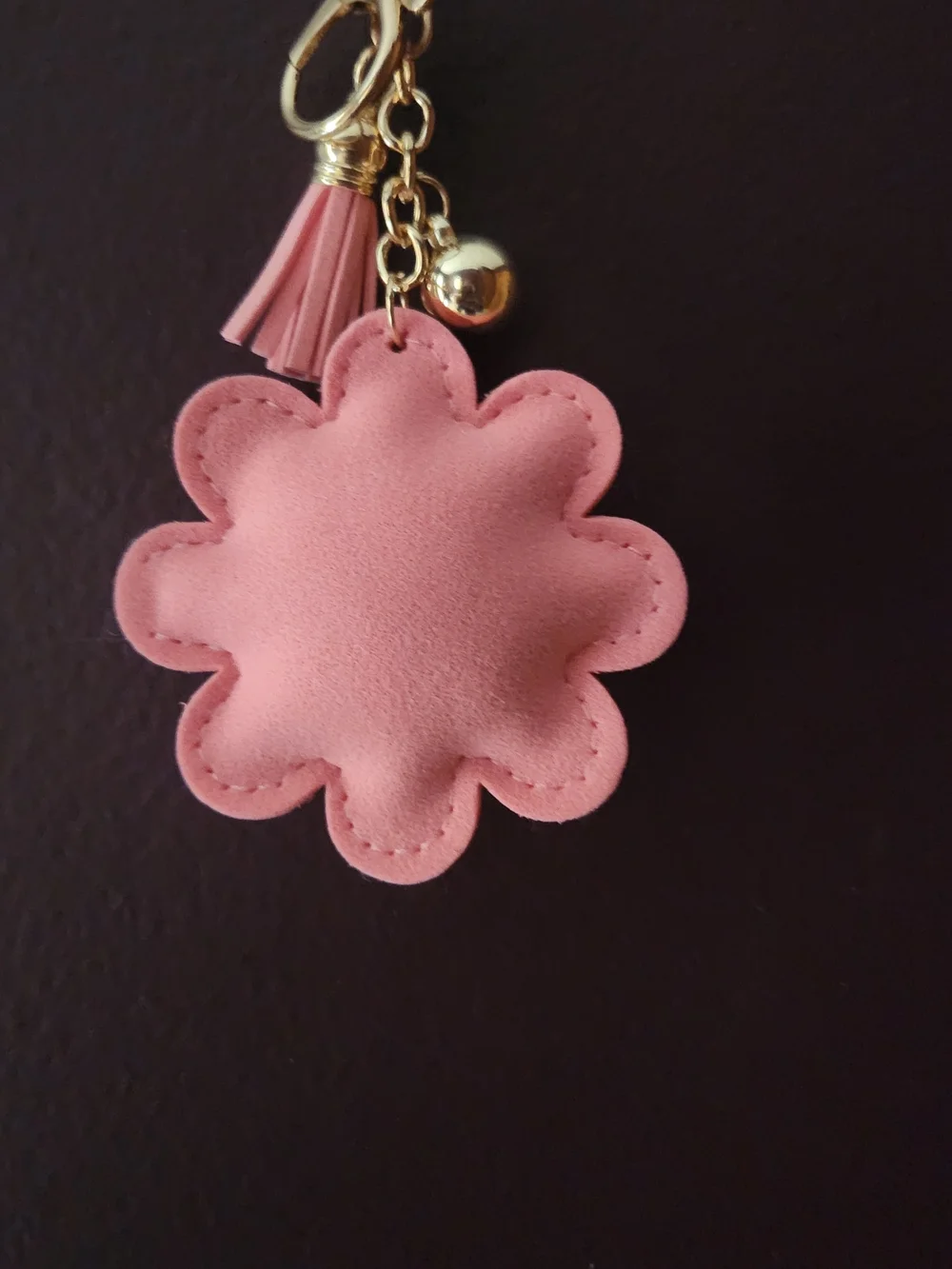 Pink Flower Crystal Tassel Keychain Charm with Gold Accent